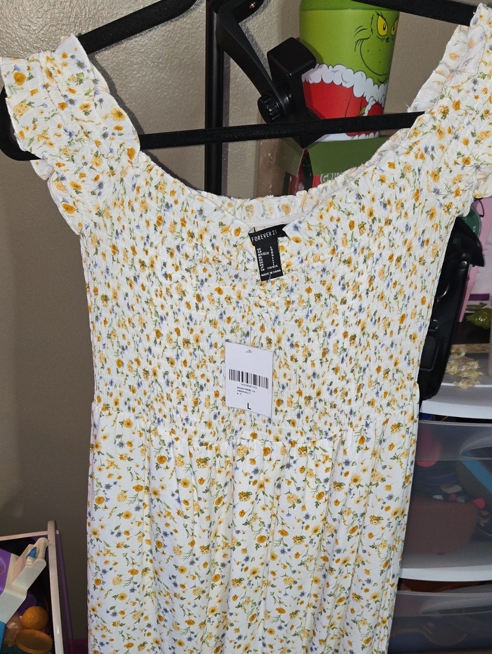 Forever 21 White Floral Smocked Off-Shoulder Tunic with Yellow Buds